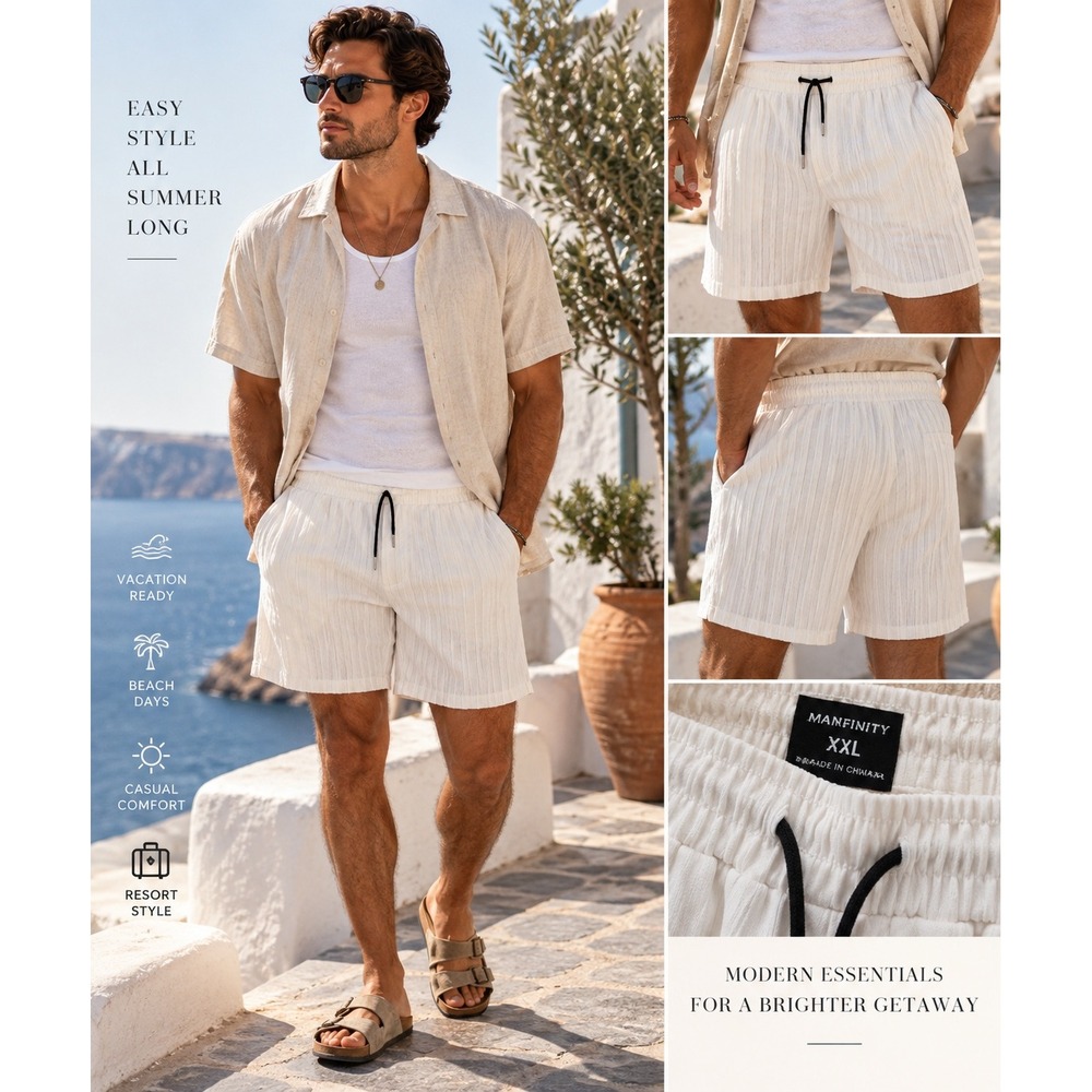 Manfinity Mens XXL White Textured Drawstring Shorts Coastal Resort Vacation